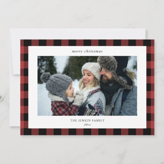 Eenvoudig Rood Zwart Plaid Border 3 Foto's Kerstmi Feestdagenkaart (Voorkant)