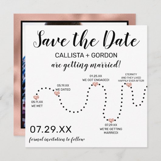 Eenvoudig Roos Gold Black White-lijnverbinding Save The Date (Voorkant / Achterkant)