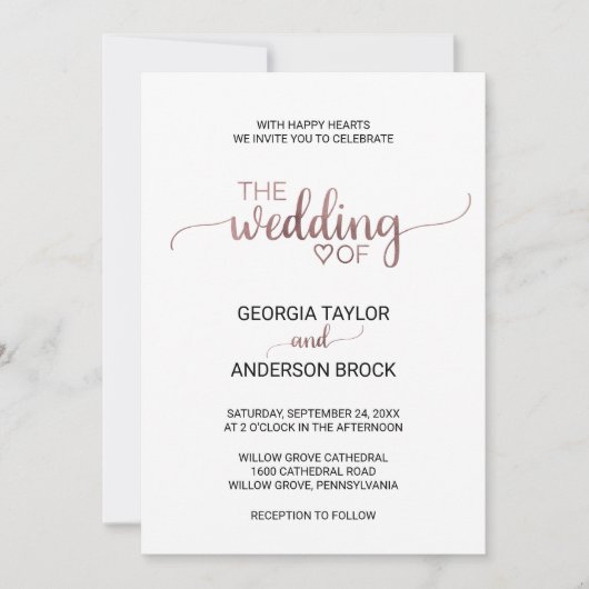 Eenvoudig Roos Gold Calligraphy Wedding Kaart (Voorkant)