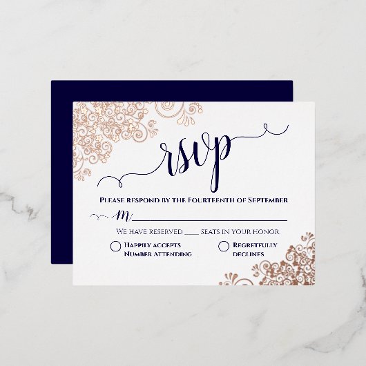 Eenvoudig Roos Gold- en marineverbinding RSVP Folie Uitnodiging Briefkaart (Voorkant / Achterkant)