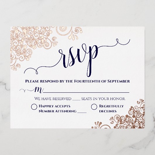 Eenvoudig Roos Gold- en marineverbinding RSVP Folie Uitnodiging Briefkaart (Voorkant)