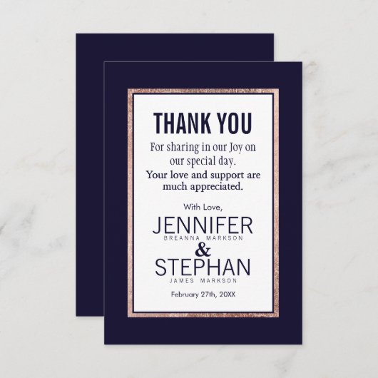 Eenvoudig Roos Gold Lined Navy Blue Dank u Kaarten (Voorkant / Achterkant)