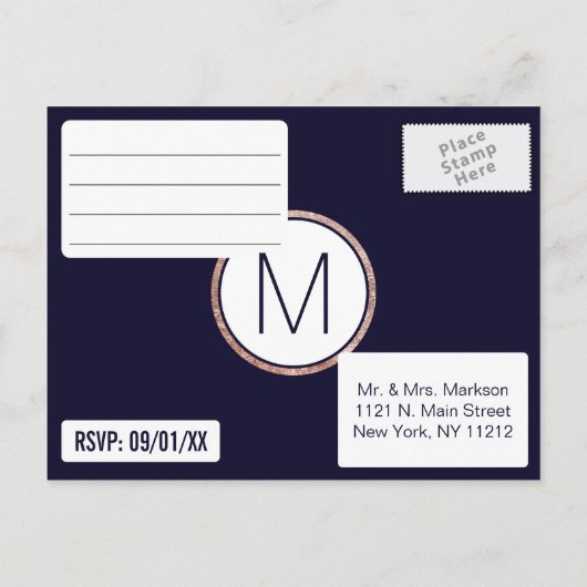Eenvoudig Roos Gold Lined Navy Blue RSVP Briefkaar Uitnodiging Briefkaart (Achterkant)