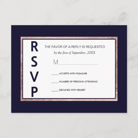 Eenvoudig Roos Gold Lined Navy Blue RSVP Briefkaar Uitnodiging Briefkaart (Voorkant)