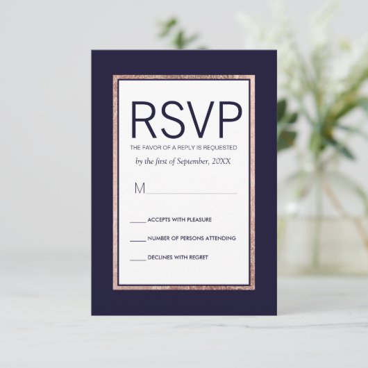 Eenvoudig Roos Gold Lined Navy Blue RSVP-kaarten RSVP Kaartje (Staand voorkant)