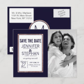 Eenvoudig Roos Gold Lined Navy Blue Save the Dates Aankondigingskaart (Voorkant / Achterkant)