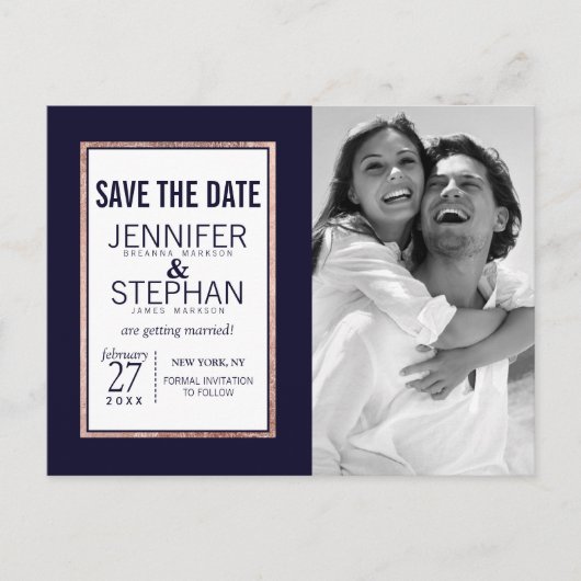 Eenvoudig Roos Gold Lined Navy Blue Save the Dates Aankondigingskaart (Voorkant)
