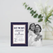 Eenvoudig Roos Gold Lined Navy Blue Save the Dates Aankondigingskaart (Staand voorkant)