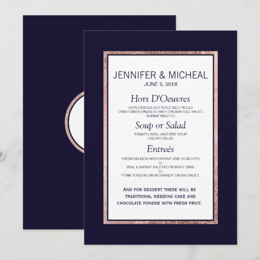 Eenvoudig Roos Gold Lined Navy Blue Wedding Menu (Voorkant / Achterkant)
