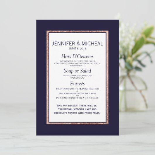 Eenvoudig Roos Gold Lined Navy Blue Wedding Menu (Staand voorkant)