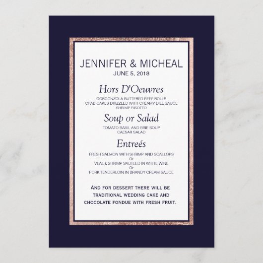Eenvoudig Roos Gold Lined Navy Blue Wedding Menu (Voorkant)