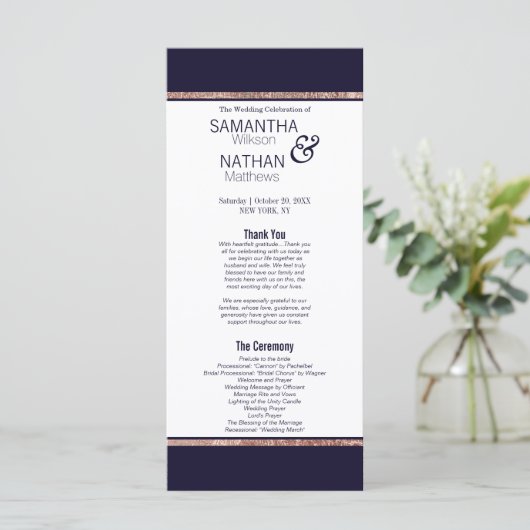 Eenvoudig Roos Gold Lined Navy Blue Wedding Progra Programmakaart (Staand voorkant)
