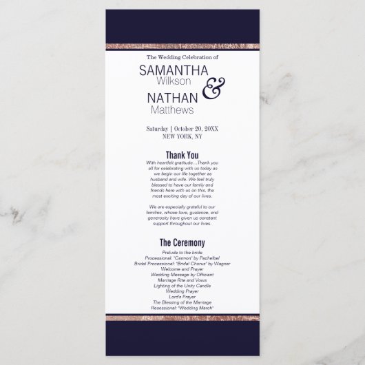 Eenvoudig Roos Gold Lined Navy Blue Wedding Progra Programmakaart (Voorkant)