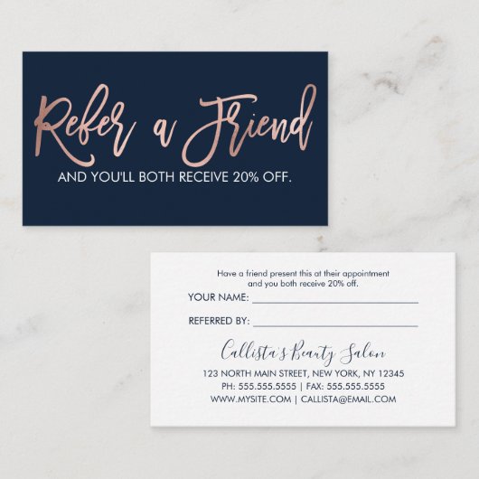 Eenvoudig Roos Gold Modern Typografie Navy Blue Aanbevelingskaartje (Voorkant / Achterkant)