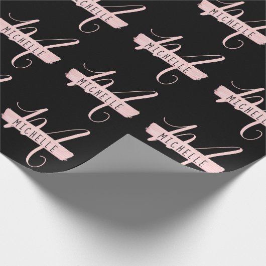 Eenvoudig Roos Gold Paint Naam Monogram zwart Cadeaupapier (Hoek)