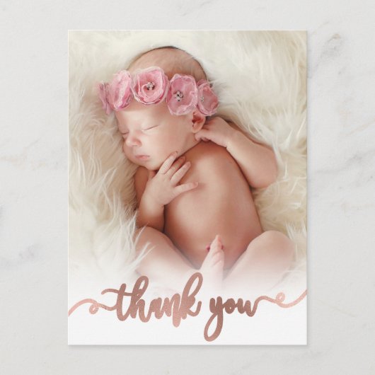 Eenvoudig Roos Gold Script Baby Foto Dank u Briefkaart (Voorkant)
