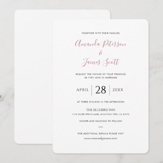 Eenvoudig Roos Gold Script Wedding Invitation Kaar (Voorkant / Achterkant)