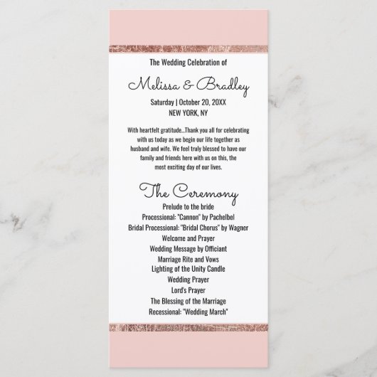 Eenvoudig Roos Goud Blush Roze Borstel Script Prog Programmakaart (Voorkant)