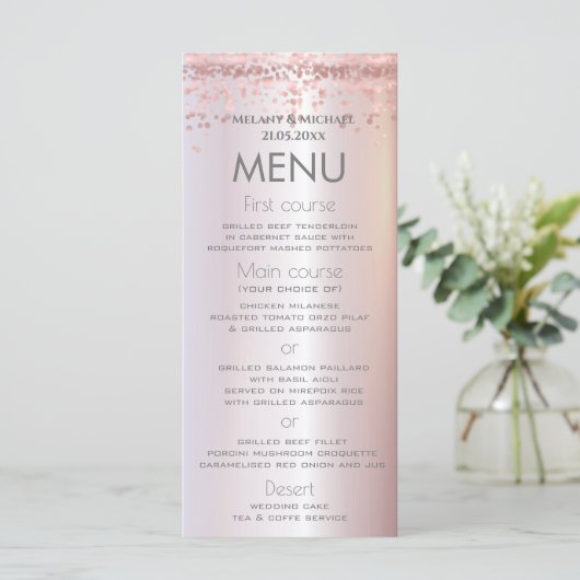 Eenvoudig roos goud confetti metallic elegant menu (Staand voorkant)