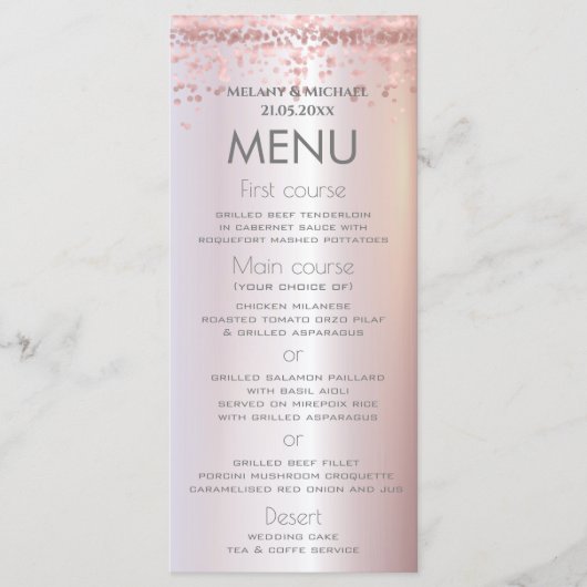 Eenvoudig roos goud confetti metallic elegant menu (Voorkant)