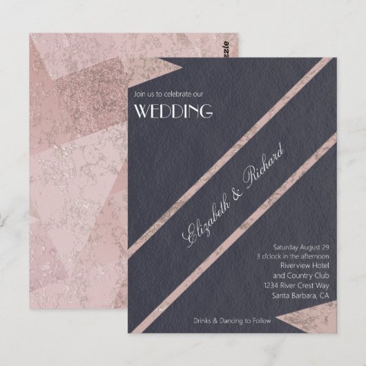 Eenvoudig Roos Goud Marmer Blauw Huwelijksuitnodig Briefkaart (Voorkant / Achterkant)