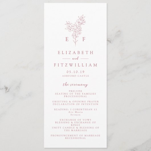 Eenvoudig Roos Roze Kersenbloesem Monogram Huwelij Programmakaart (Voorkant)