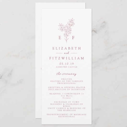 Eenvoudig Roos Roze Kersenbloesem Monogram Huwelij Programmakaart (Voorkant / Achterkant)