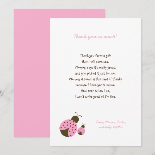 Eenvoudig Roze baby shower Ladybug bedankt notitie (Voorkant / Achterkant)