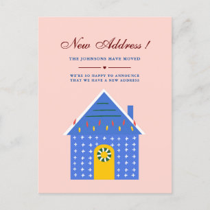 Eenvoudig roze blauw huis We hebben een nieuw adre Aankondigingskaart