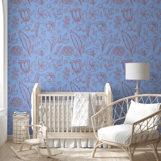 Eenvoudig roze bloemig op blauw | behang (Kinderen)