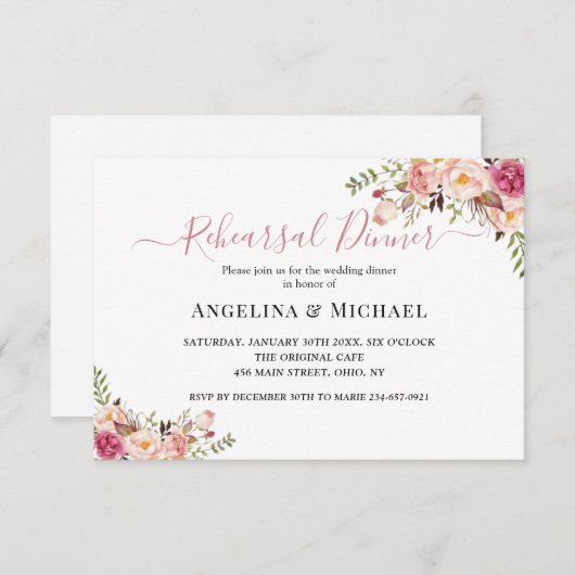 Eenvoudig Roze Bloemig Proefdinermenu voor de Brui Kaart (Voorkant / Achterkant)