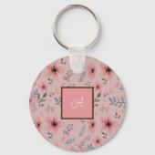 Eenvoudig Roze Bloempatroon Boho Monogram Sleutelhanger (Voorkant)
