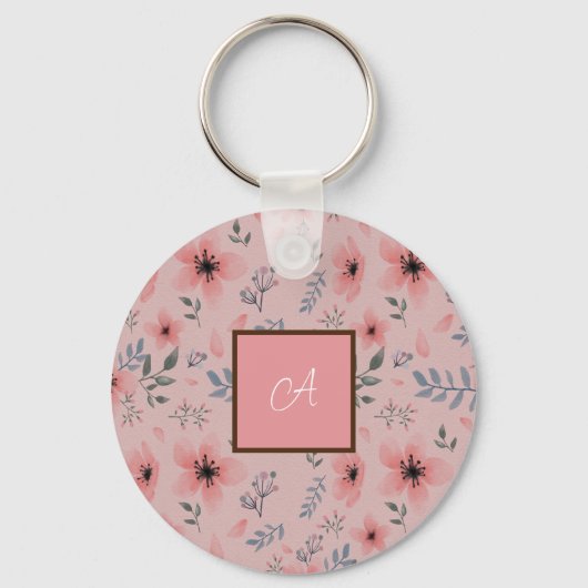 Eenvoudig Roze Bloempatroon Boho  Monogram Sleutelhanger (Voorkant)