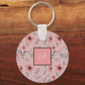 Eenvoudig Roze Bloempatroon Boho  Monogram Sleutelhanger (Voorkant)