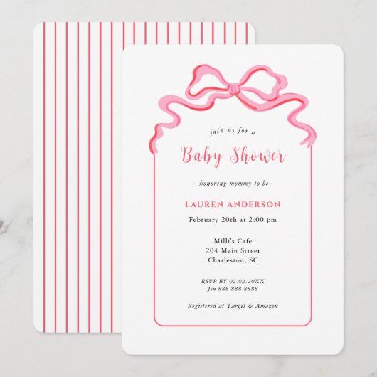 Eenvoudig Roze Bow Meisje Baby shower Kaart (Voorkant / Achterkant)