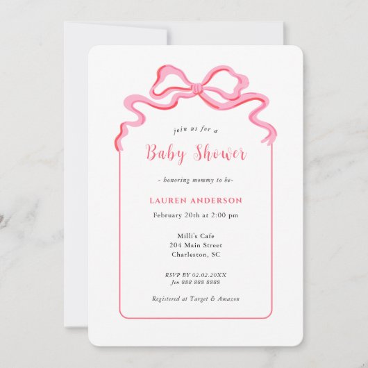 Eenvoudig Roze Bow Meisje Baby shower Kaart (Voorkant)