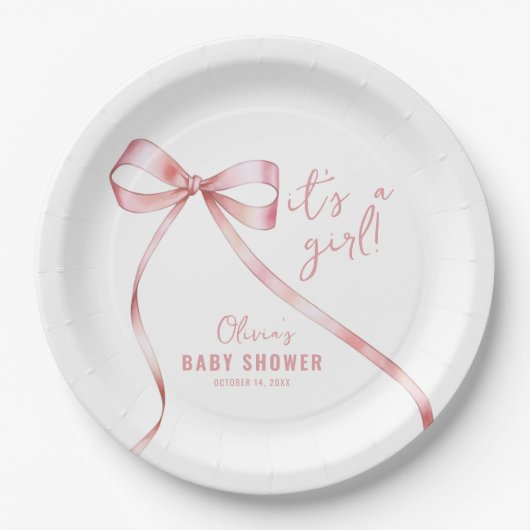 Eenvoudig Roze Bow Meisje Baby shower Papieren Bordje (Voorkant)