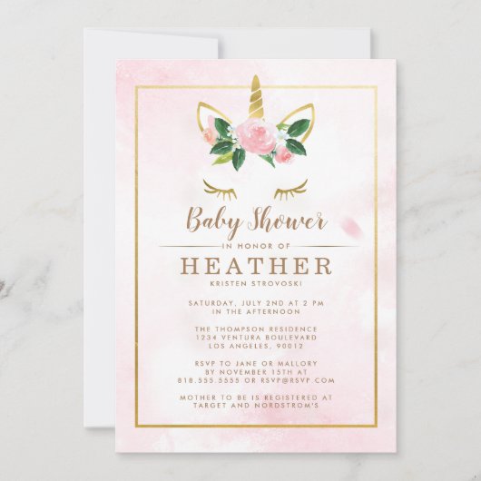 Eenvoudig roze en gouden eenhoorn Baby shower Kaart (Voorkant)
