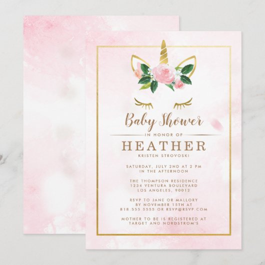 Eenvoudig roze en gouden eenhoorn Baby shower Kaart (Voorkant / Achterkant)