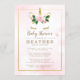 Eenvoudig roze en gouden eenhoorn Baby shower Kaart