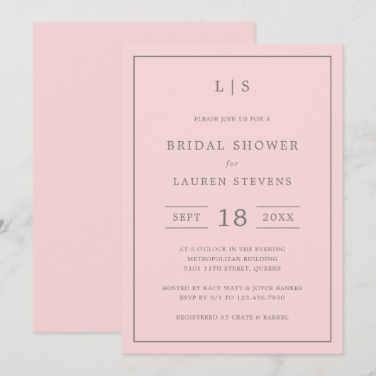 Eenvoudig roze en grijs monogram Vrijgezellenfeest Kaart (Voorkant / Achterkant)