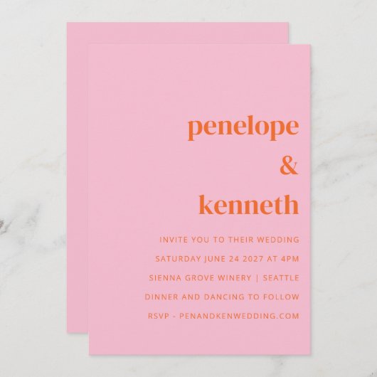 Eenvoudig roze en Oranje moderne bruiloft in één k Kaart (Voorkant / Achterkant)