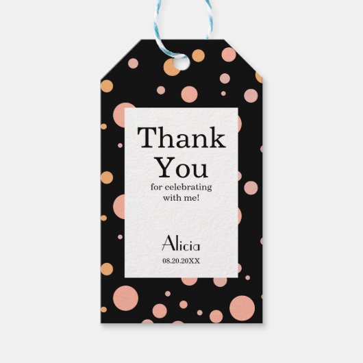 Eenvoudig roze en perzik polka dot zwart dank u cadeaulabel (Voorkant)