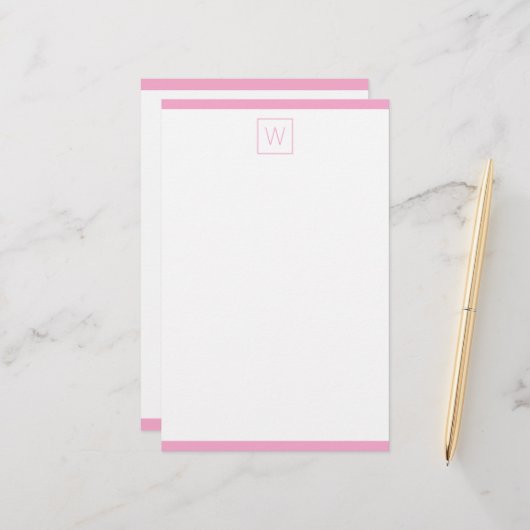Eenvoudig roze en wit monogram briefpapier (Voorkant / Achterkant in situ)