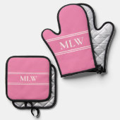 Eenvoudig roze en wit monogram ovenwant & pannenlap set (Voorkant / Achterkant)