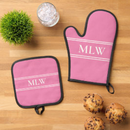 Eenvoudig roze en wit monogram ovenwant & pannenlap set