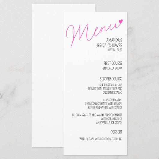 Eenvoudig roze kalligrafie Vrijgezellenfeest Menu (Voorkant / Achterkant)