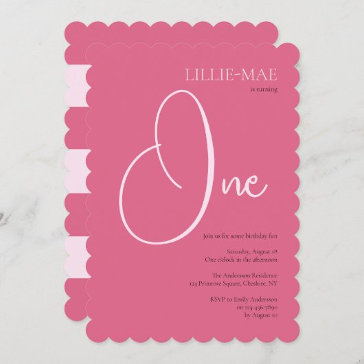 Eenvoudig roze meisje 1e verjaardag uitnodiging (Voorkant / Achterkant)