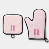 Eenvoudig roze moderne monogram ovenwant & pannenlap set (Voorkant)