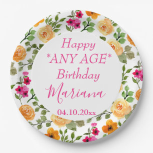 Eenvoudig roze oranje bloemengeburtstagsfeest papieren bordje